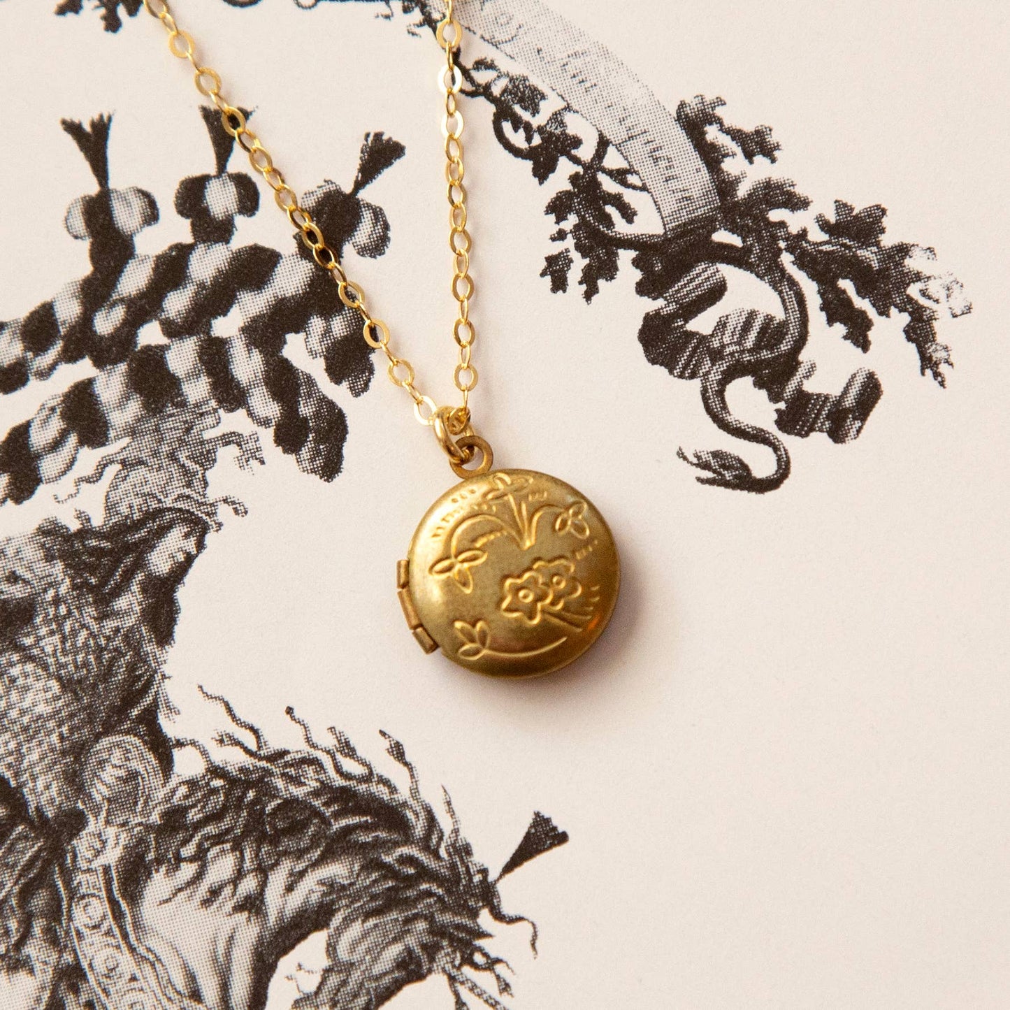 Vintage Mini Round Locket Necklace (Floral)