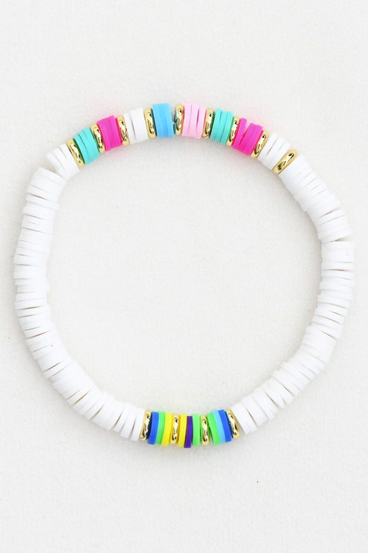 White/Multi Polymer Clay Flat Disc Bead Bracelet