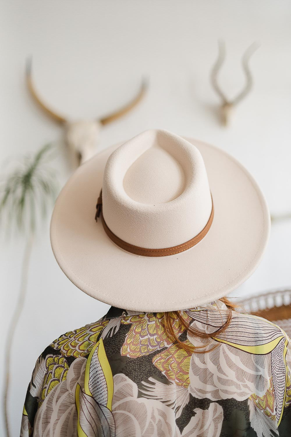 Ivory Flat Brim Felt Hat with Faux Leather Buckle Band