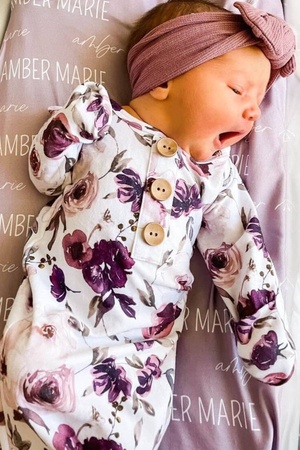 Newborn Baby Knot Gown & Hat Set | Demi's Dusty Purple Floral