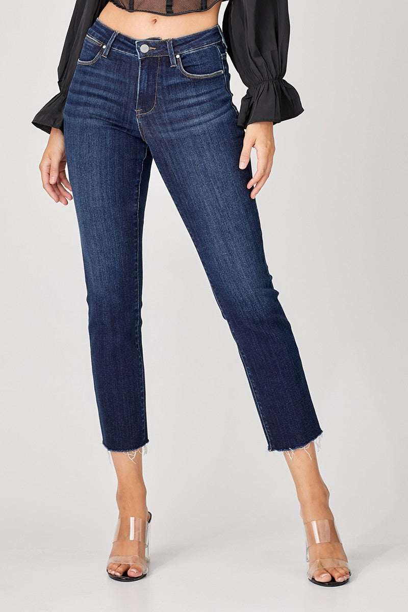 The Emma Mid Rise Raw Edge Hem Straight Leg Jeans (Size 3 to 3X)
