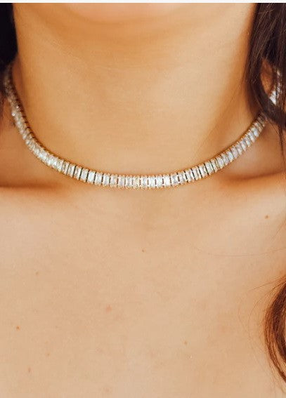 Baquette Crystal Choker Style Necklace Gold or Silver