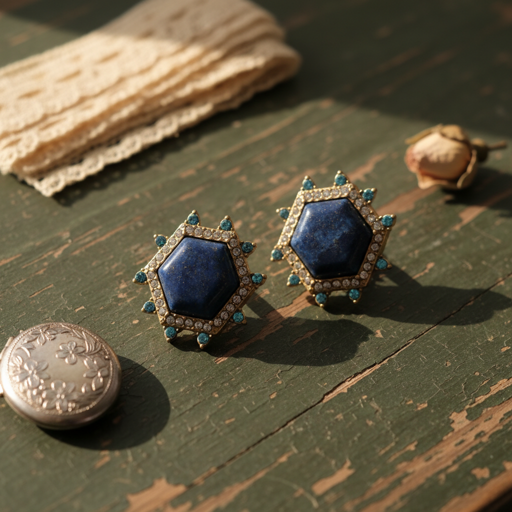 Vintage 18K Gold-Plated Lapis Lazuli and Crystal Earrings