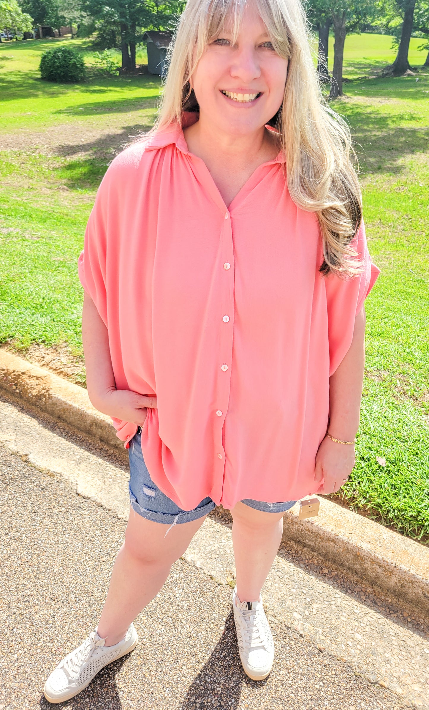 Coral Cutie Button Down Top (XL to 2X)
