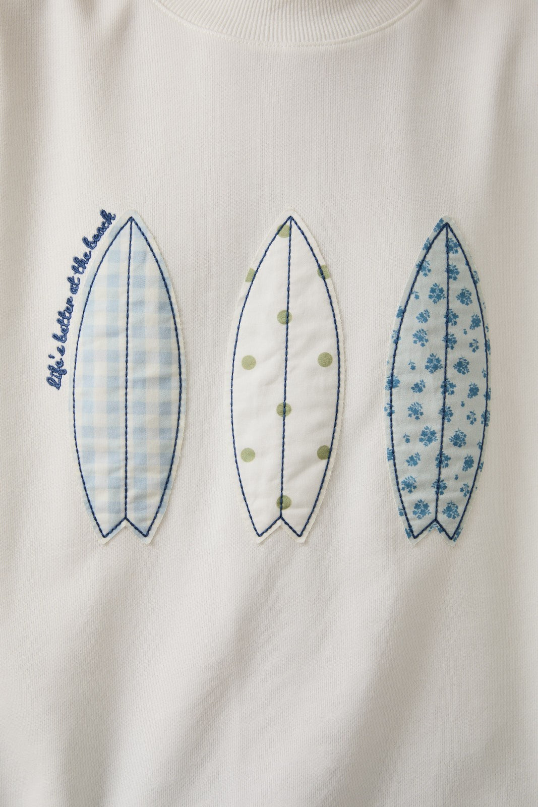 Crew Neck White Sweatshirt with Patchwork Surfboard Applique