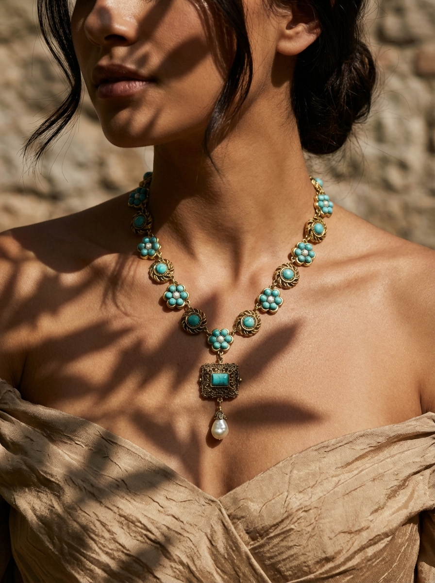 Vintage Turquoise & Natural Baroque Pearl Pendant Necklace