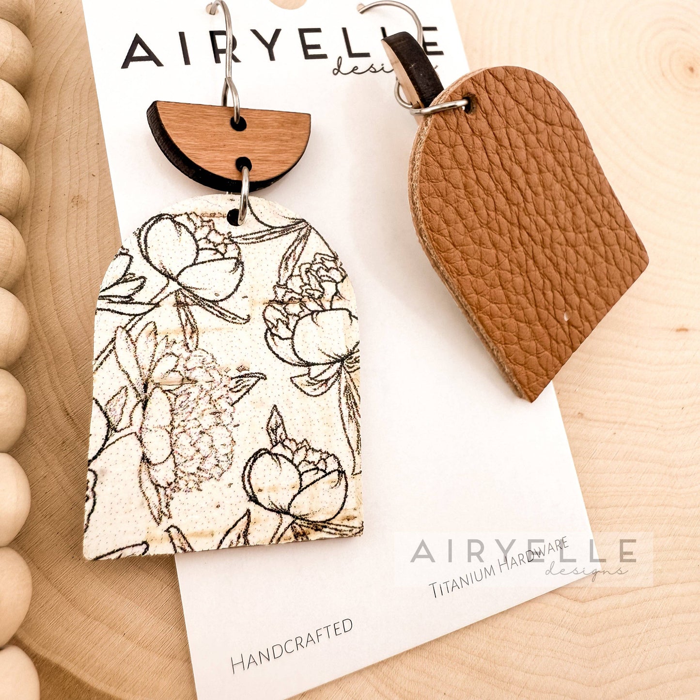 Peony Dreams Cork + Leather Wood Arch Earrings