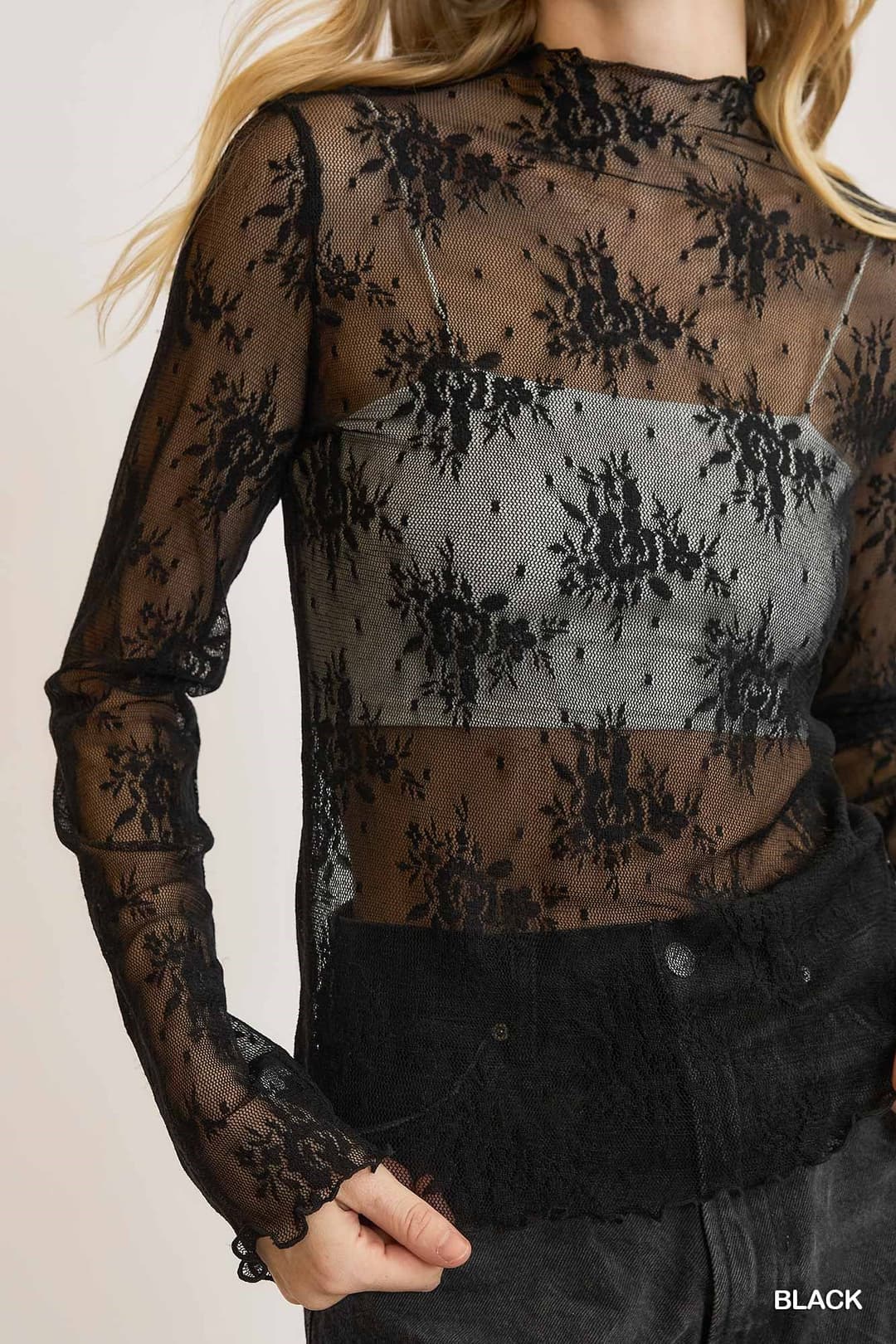 Lace Sheer Long Sleeve Layering Top (Small to Large)
