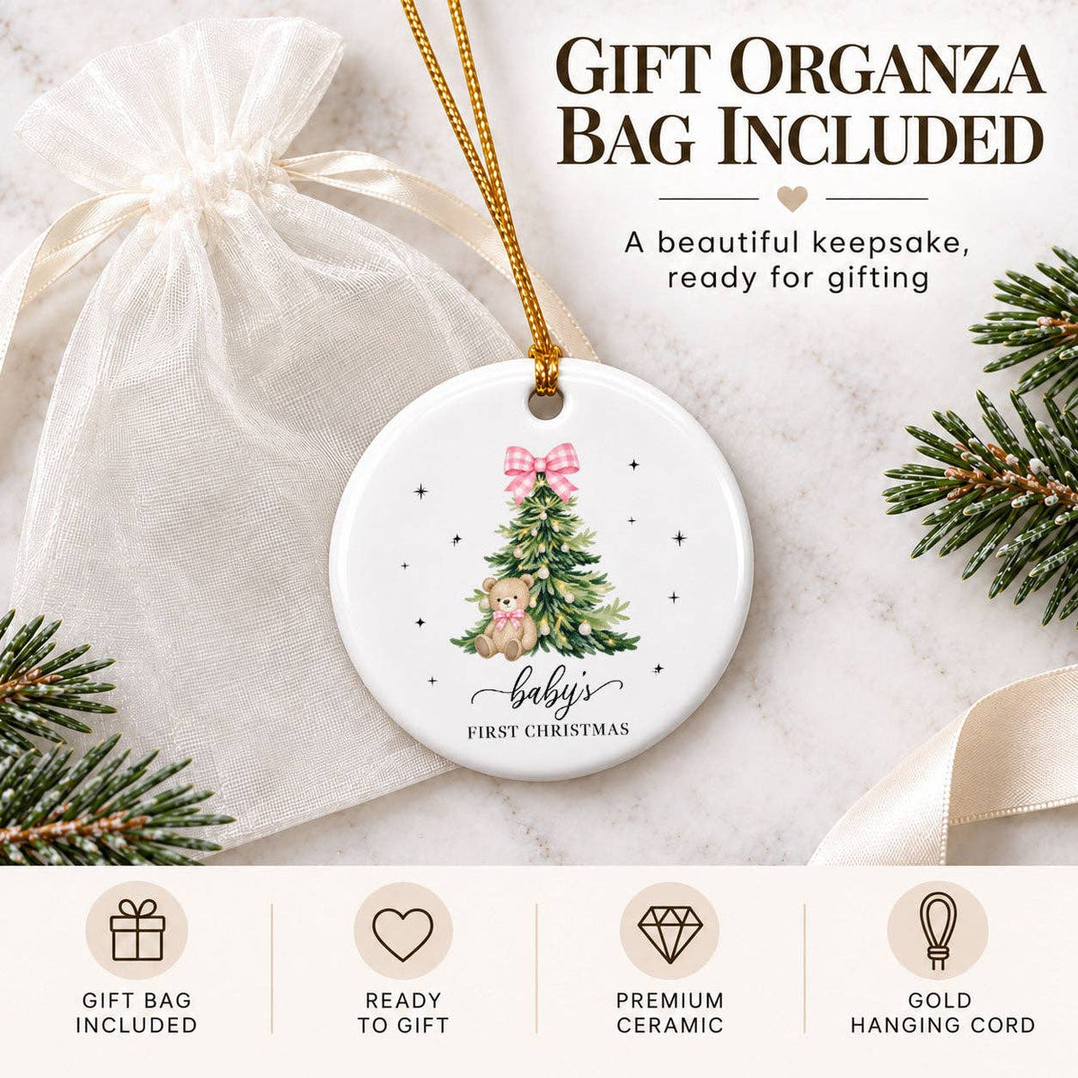 Baby's First Christmas Ornament - Pink Keepsake Heart