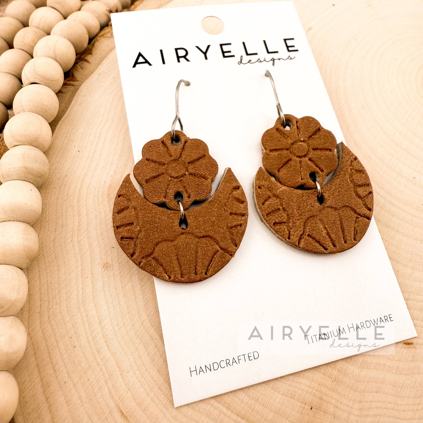 Tooled Floral Camel Brown Leather Earrings