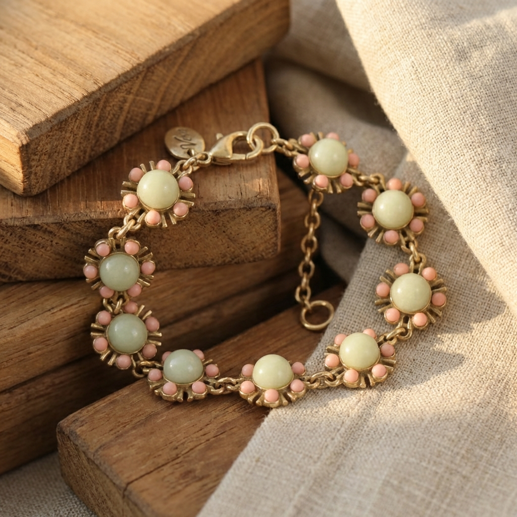 Vintage Gold-Plated Natural Amazonite & Pink bead Bracelet