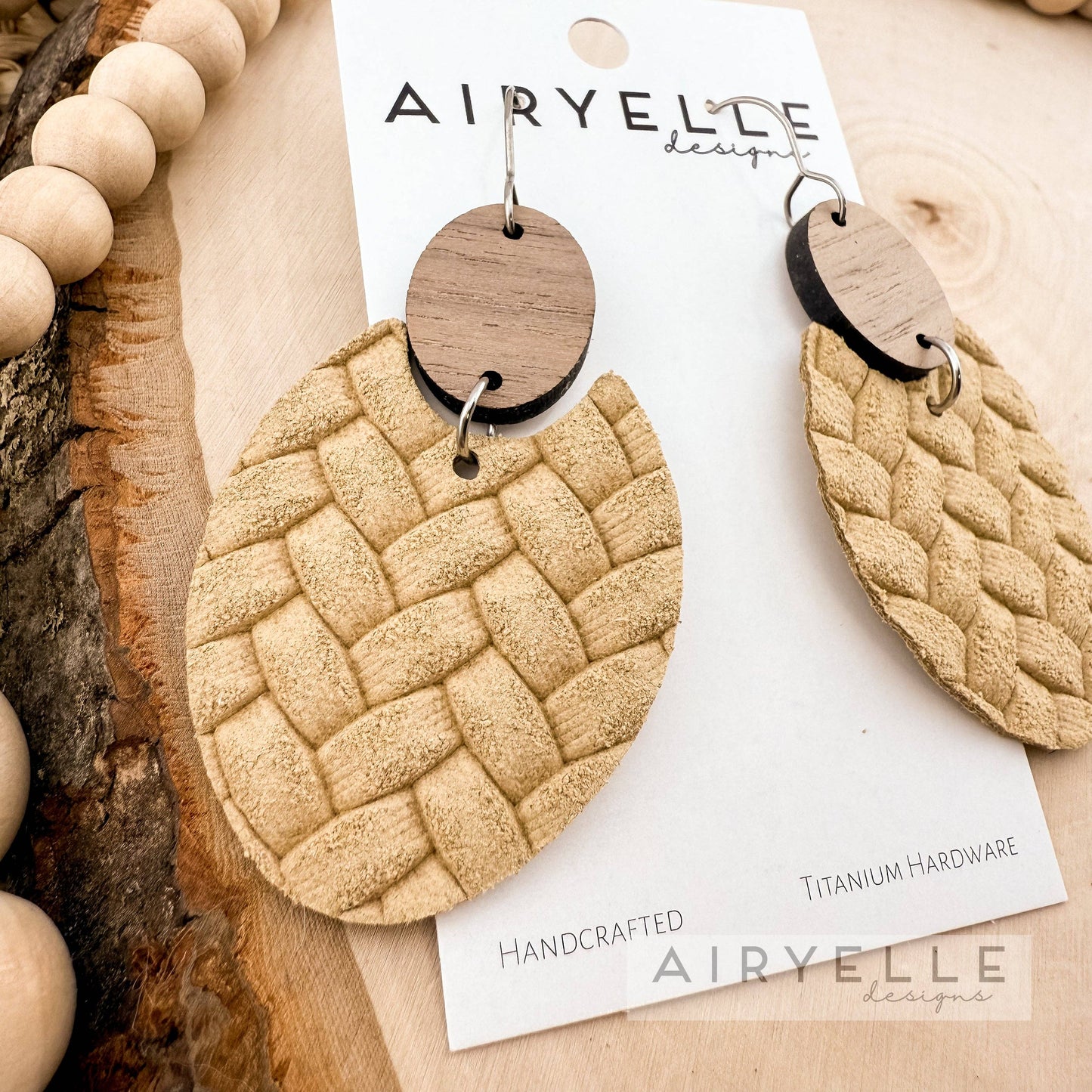 Tan Box Braid Wood + Leather Scoop Earrings