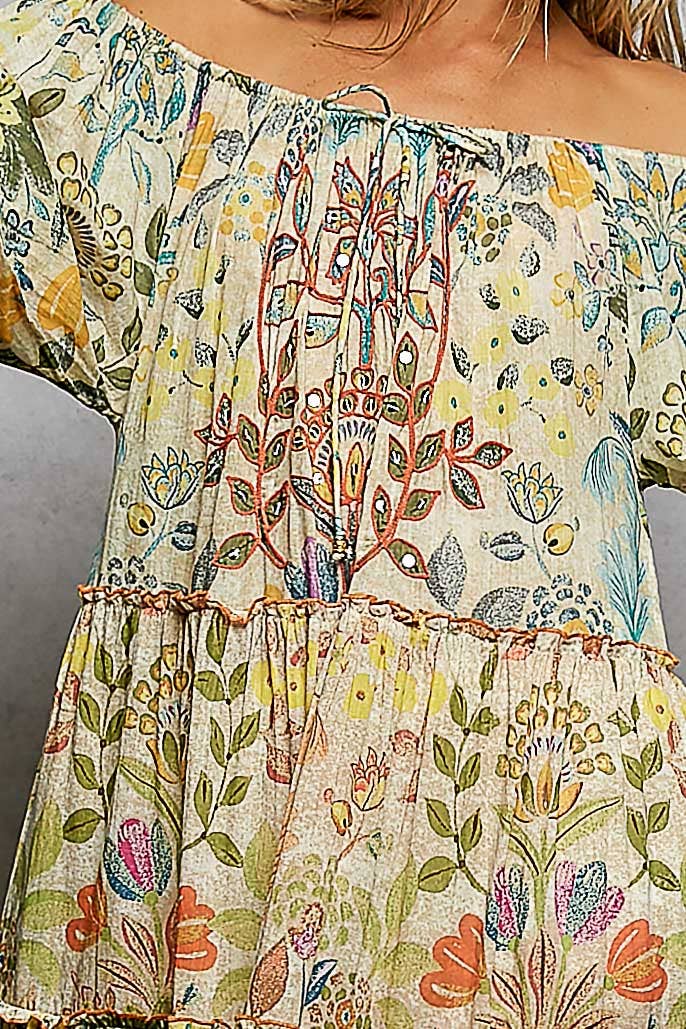 Long Sleeve Shirred Neckline Maxi Length Woven Printed Dress