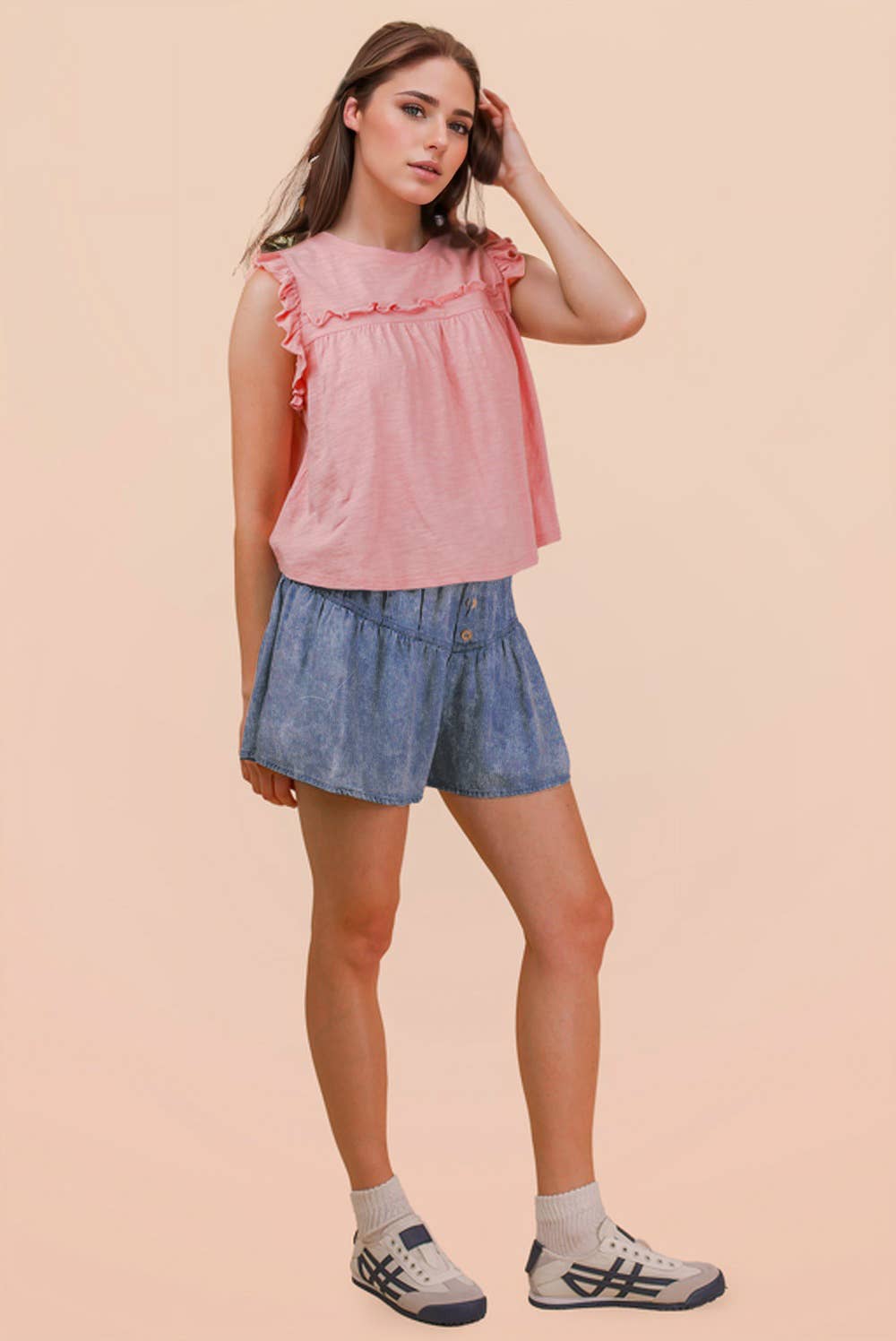 Westbound Washed Chambray Button Down Flare Shorts