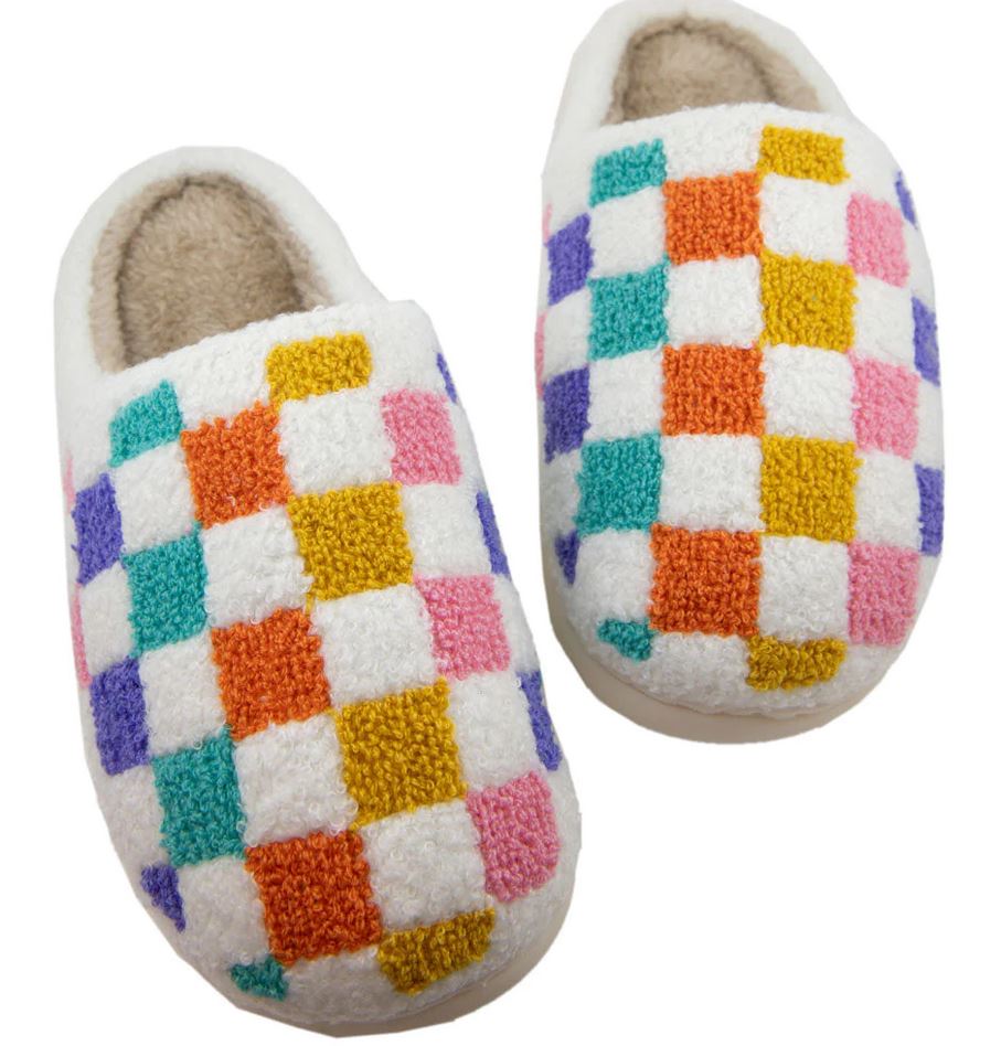 Katydid Multi Color Checkered Fuzzy Slippers