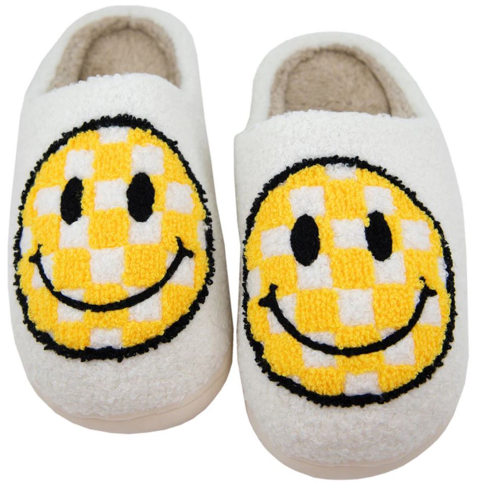 Katydid Yellow Checkered Happy Face Fuzzy Slippers