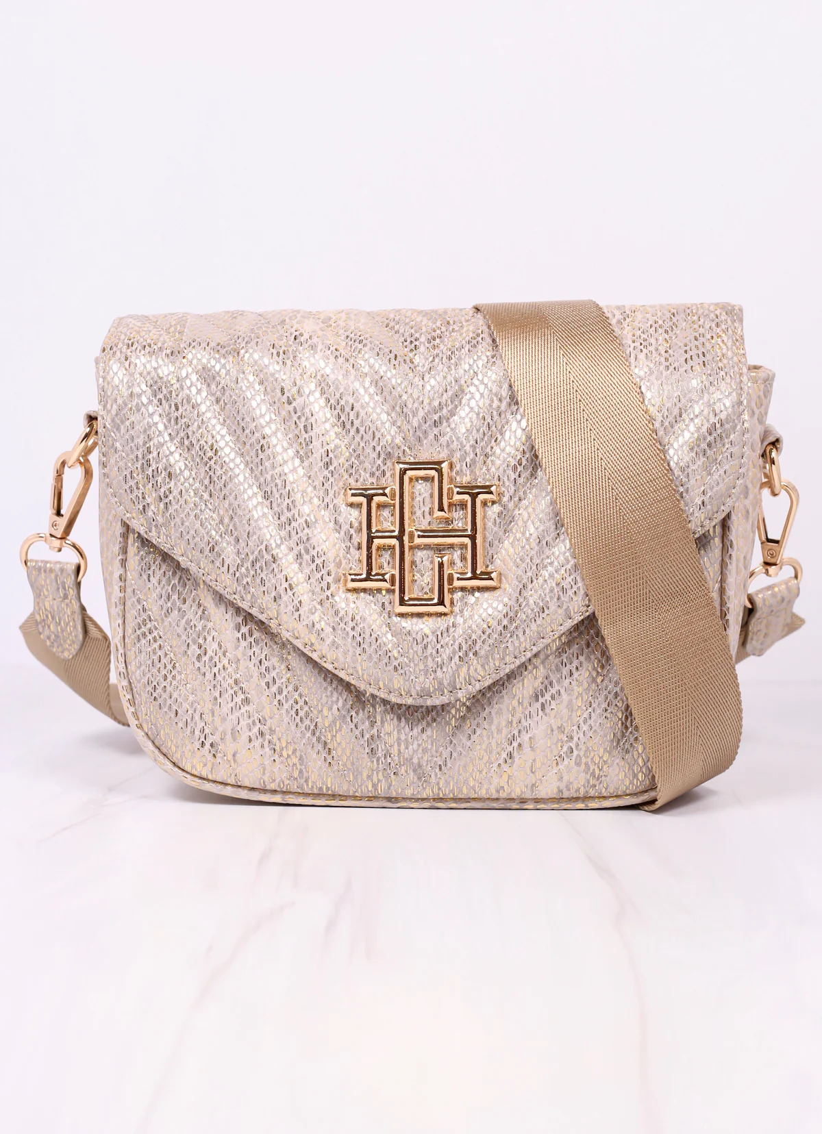Angela Metallic Champagne Quilted Crossbody Bag