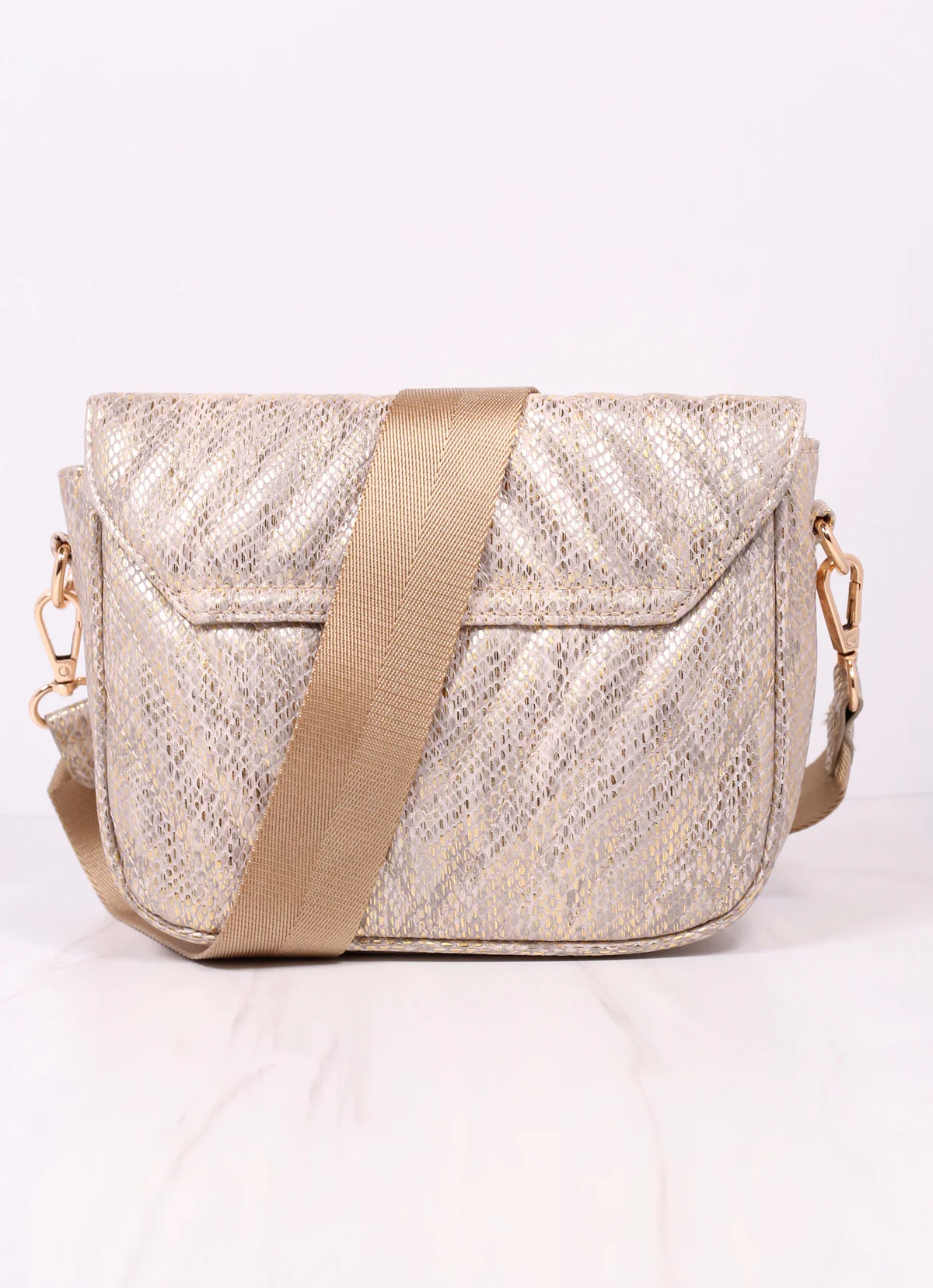 Angela Metallic Champagne Quilted Crossbody Bag