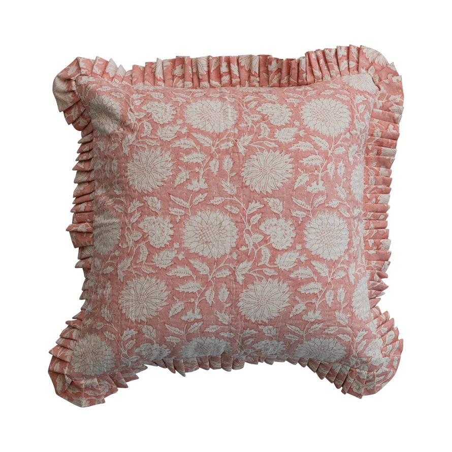 Hand Embroidered Kantha Stitch with Ruffle Edge Detail Pillow