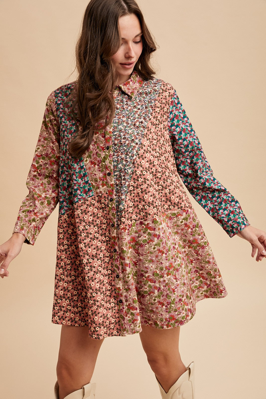 Caroline Corduroy Floral Patchwork Panel Mini Shirt Dress (Small to XL)