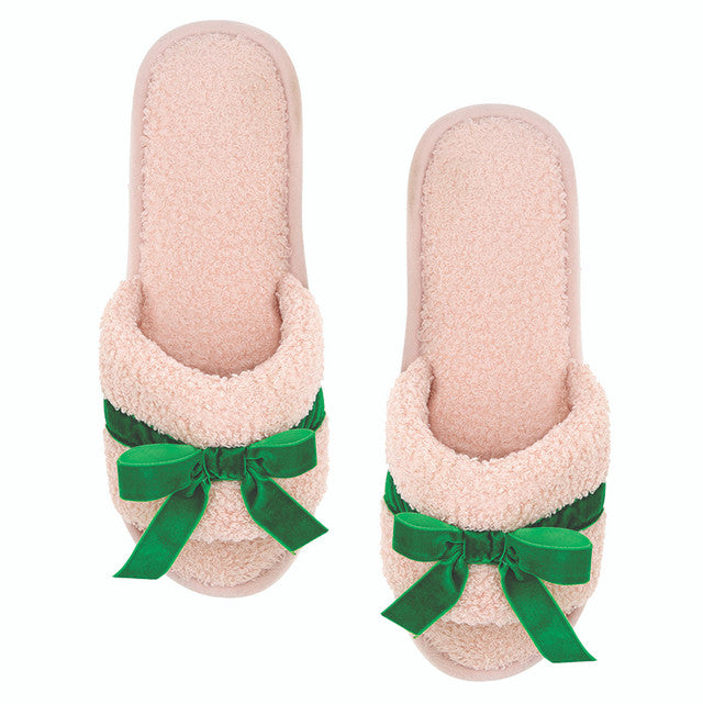 Pink Teddy Slippers with a Green Velvet Bow