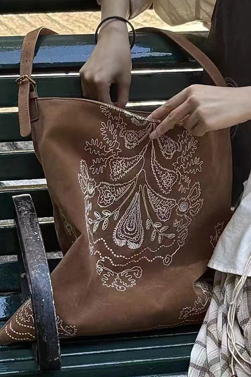 Sweet Magnolia Suede Embroidered Tote Bag