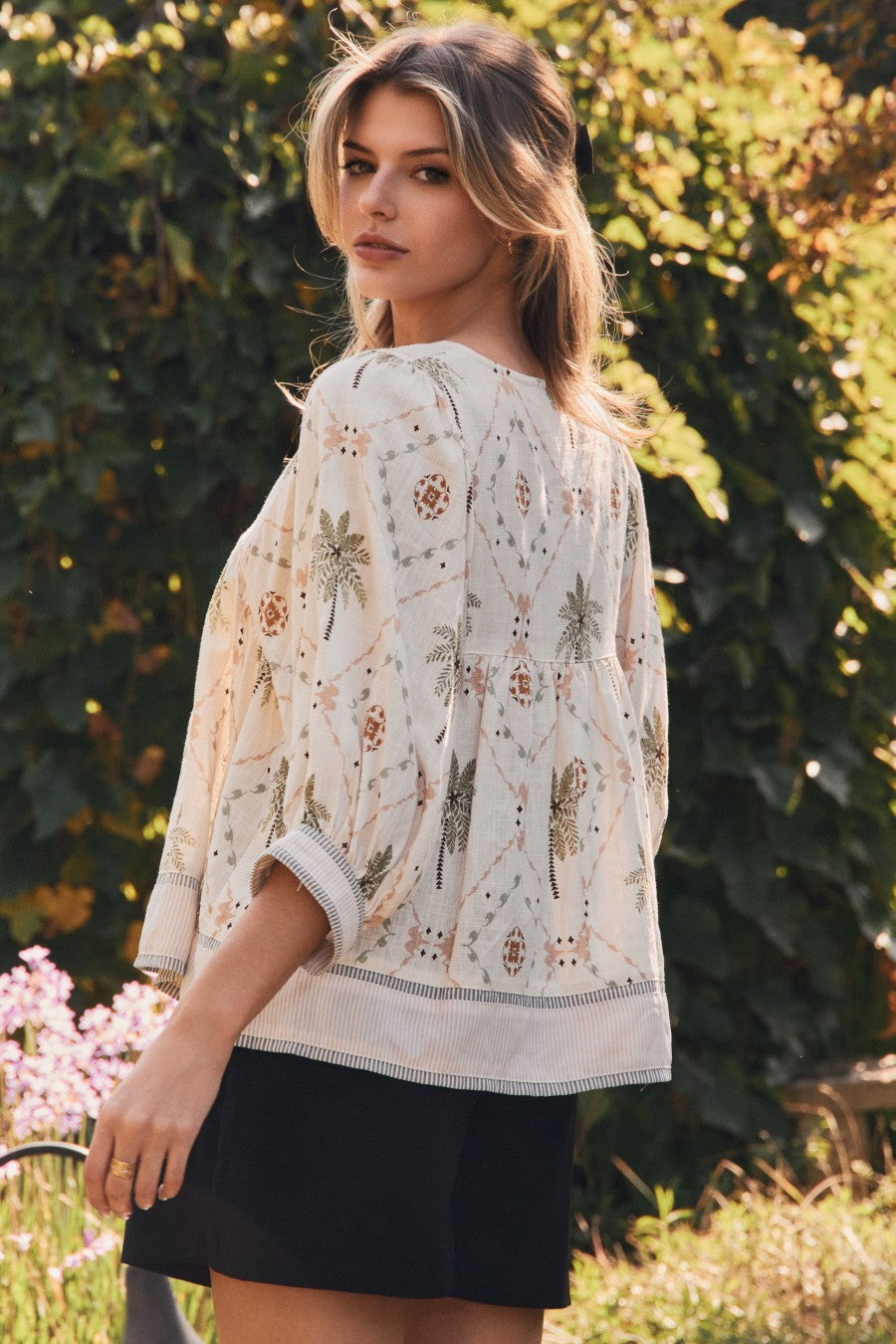 Tropical Printed Woven Peasant Blouse