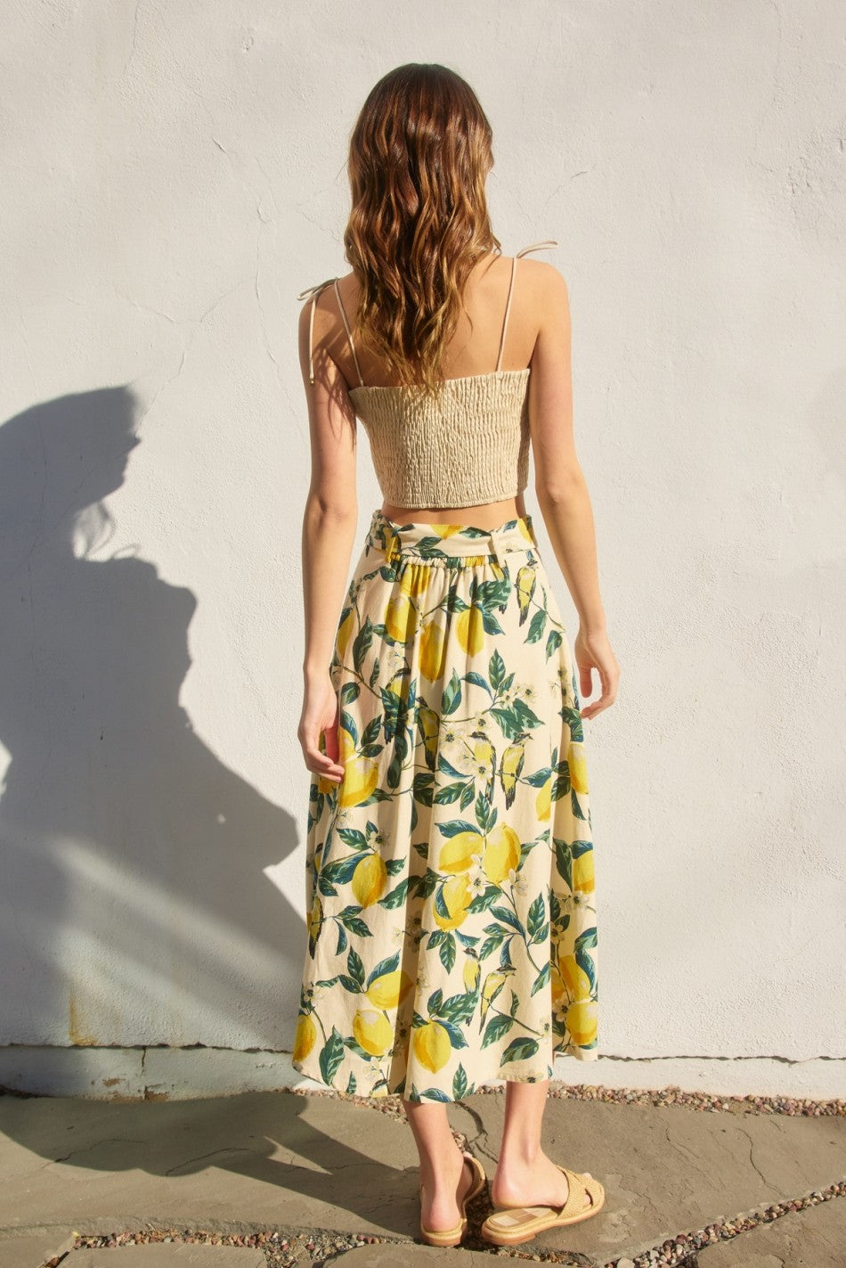 Lemon Garden A Line Midi Skirt with Belt