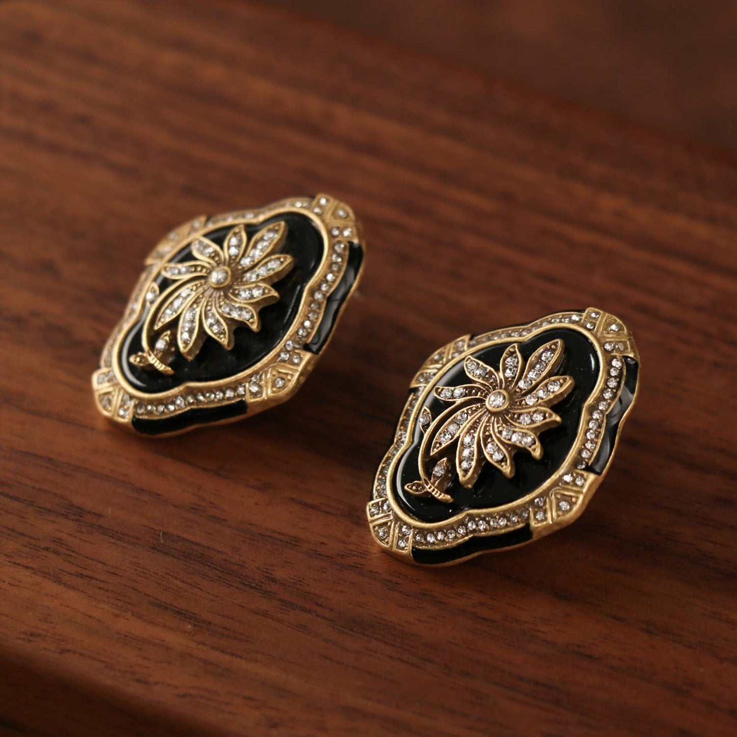 Vintage Enamel Black and Gold Floral Earrings with Crystal