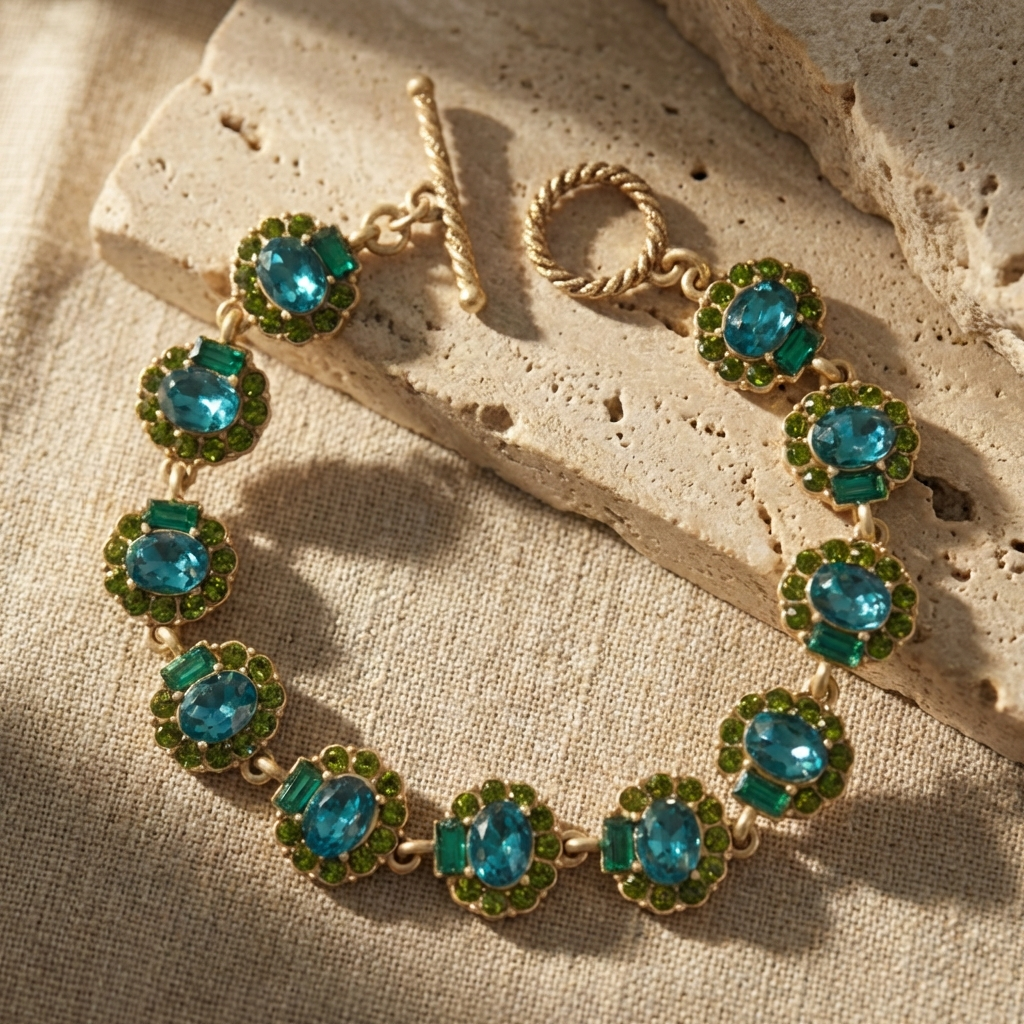 Vintage 18K Gold Plated Blue&Green Crystal Flower Bracelet
