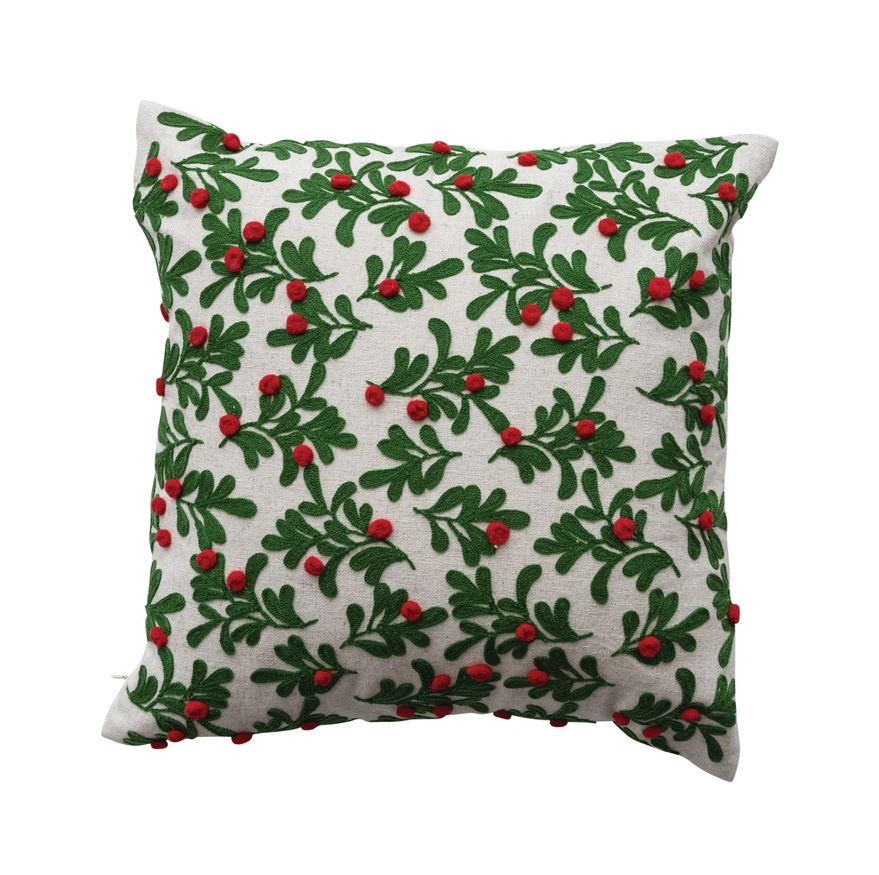 16" Square Cotton & Linen Pillow with Embroidered Mistletoe Pattern
