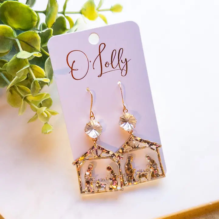 Gold Glitter Acrylic Christmas Nativity Manger Earrings W/Clear Star Burst Stone