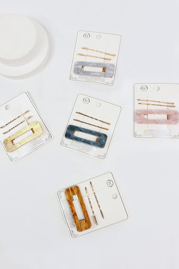 Rectangle Hair Clip and Metal Pin Set 6 Colors