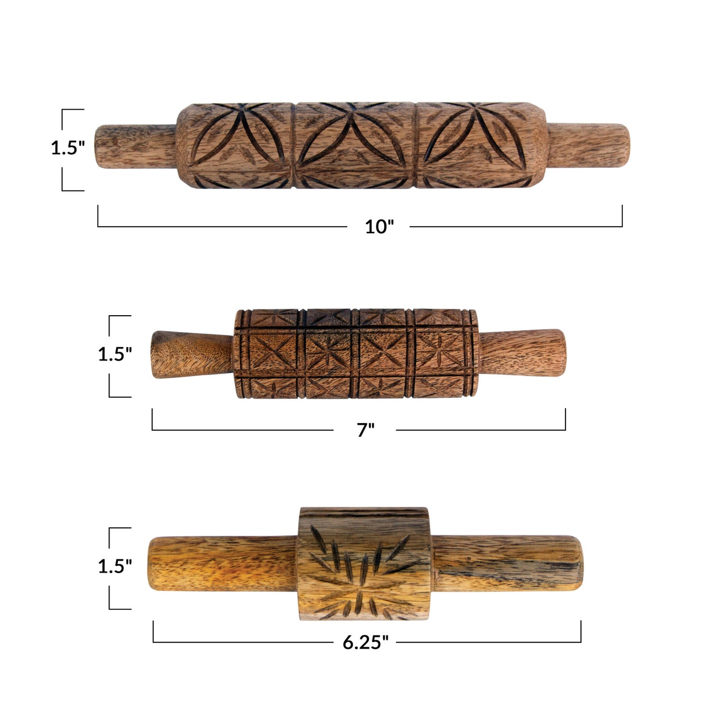 Hand-Carved Mango Wood Rolling Pins (3 Sizes)