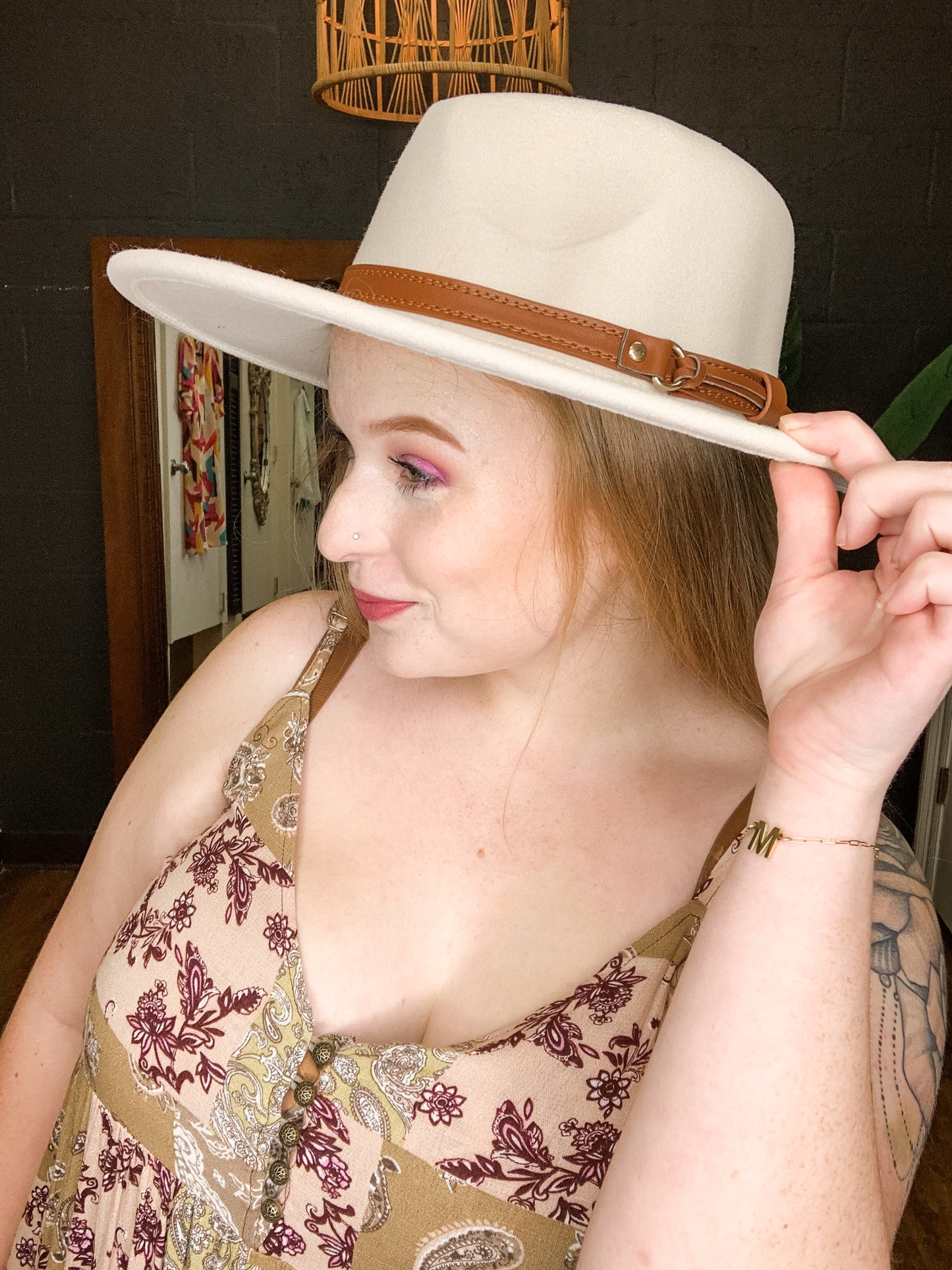 Ivory Flat Brim Felt Hat with Faux Leather Buckle Band