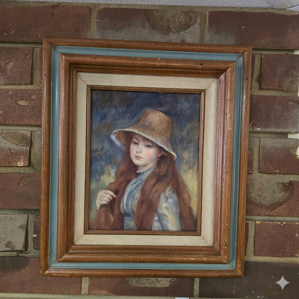 Vintage Framed Print of "Girl with Straw Hat"