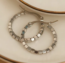 Square Beaded Hoop Earrings (Silver)