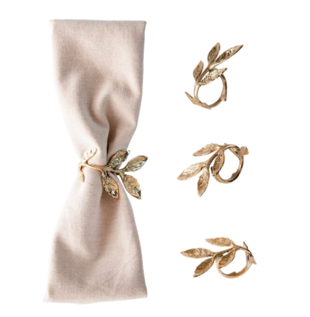 2" Round Brass Leaf Napkin Ring (Set of 4)