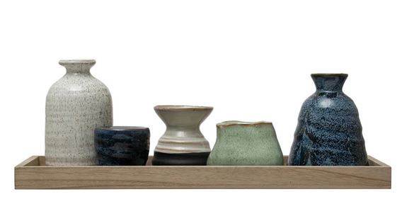 Shoreline Collection Mango Wood Tray w/ 1 Taper Holder & 4 Vases, Set of 6