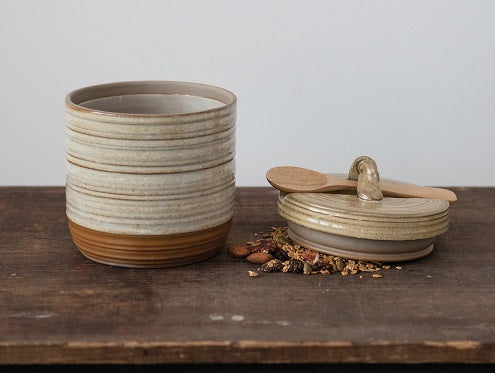 Stoneware Jar with Lid and Wood Spoon