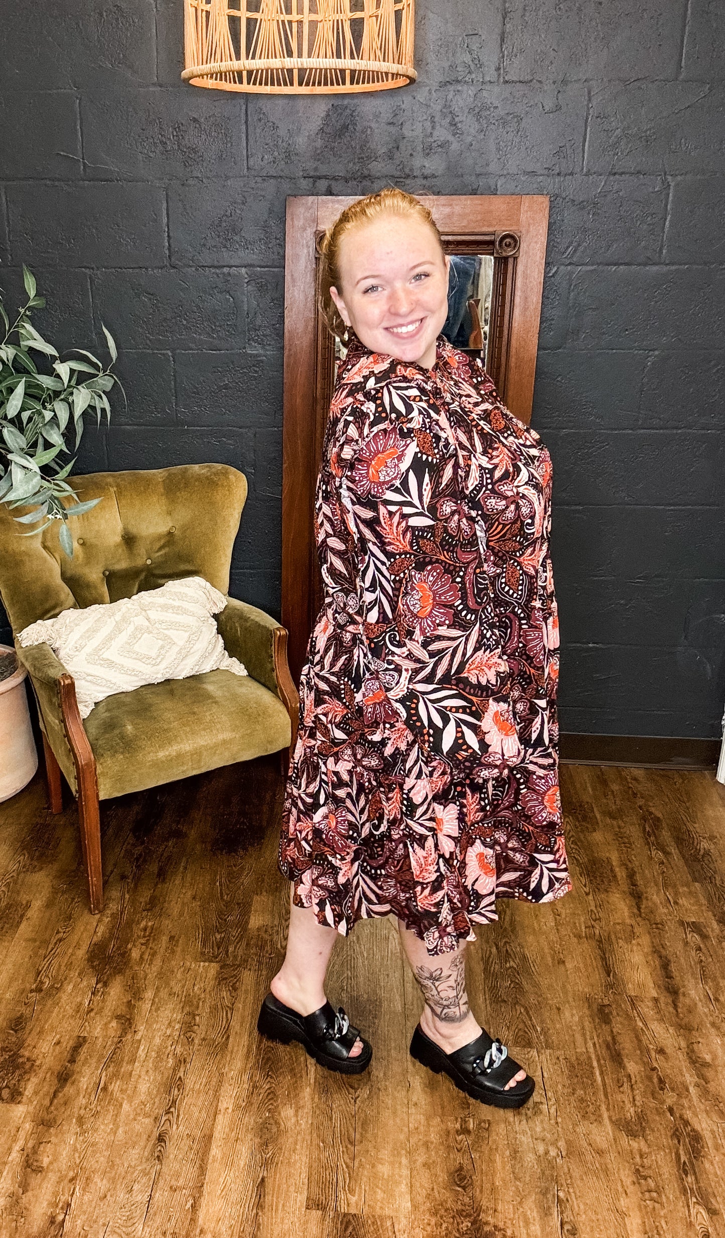 Rumors Plus Size Boho Print Long Sleeve Dress with Ruffle (1XL to 3XL)