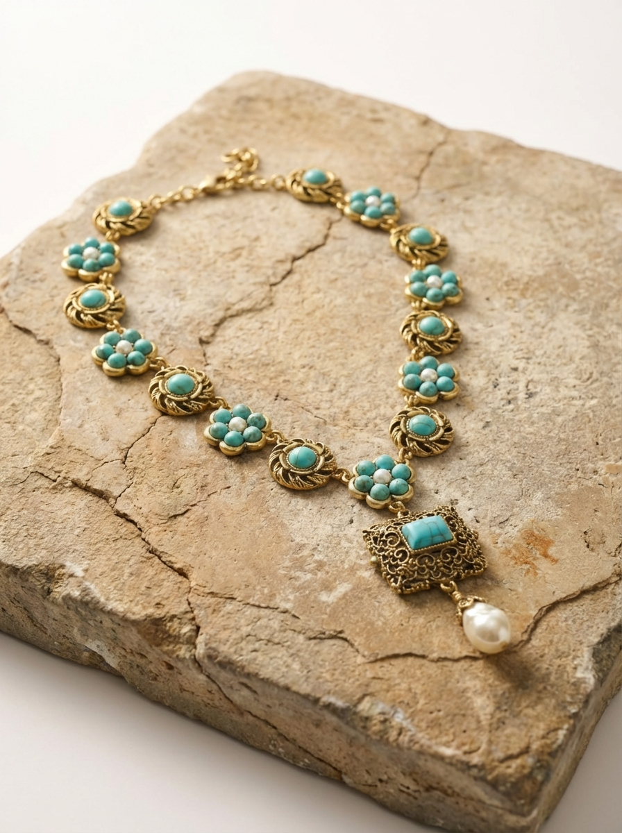 Vintage Turquoise & Natural Baroque Pearl Pendant Necklace
