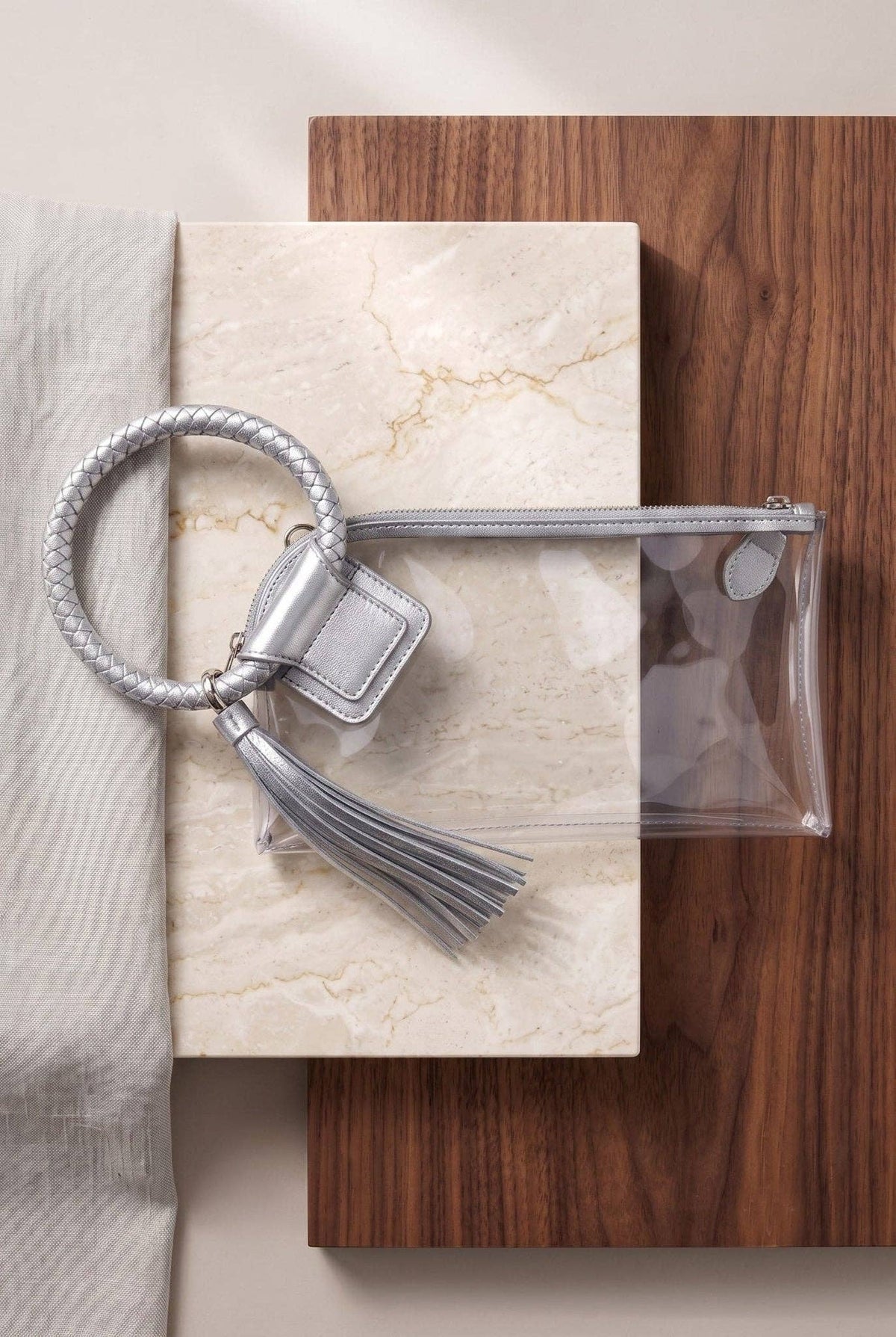 AD205T See Through Clear Cuff Handle Tassel Wristlet Crossbody