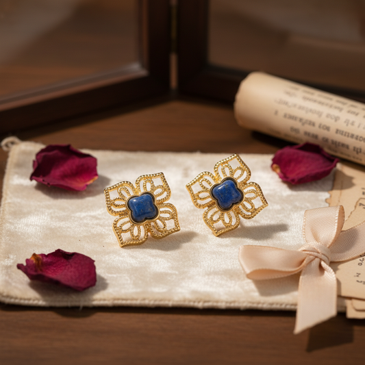 Vintage 18K Gold Plated Natural Lapis Lazuli Clover Earrings