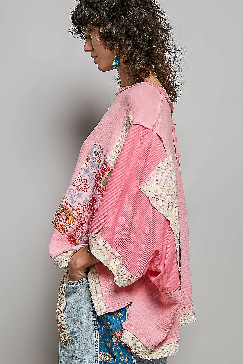 Round Neck Double Gauze Floral Woven Top