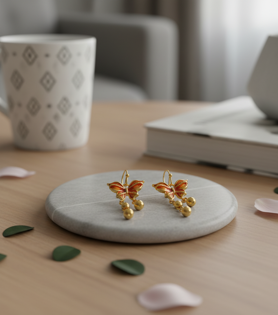 Hand-Painted Enamel Butterfly Gold-Plated Drop Earrings