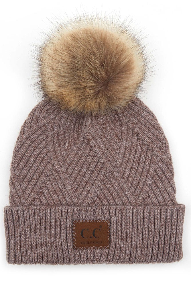 CC Heather Knit Beanie Style Pom Pom Hat, 5 Colors