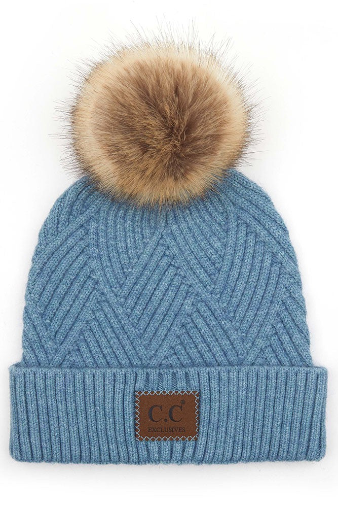 CC Heather Knit Beanie Style Pom Pom Hat, 5 Colors