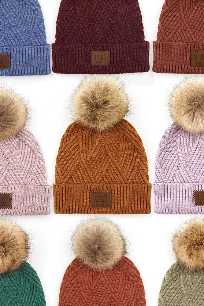 CC Heather Knit Beanie Style Pom Pom Hat, 5 Colors