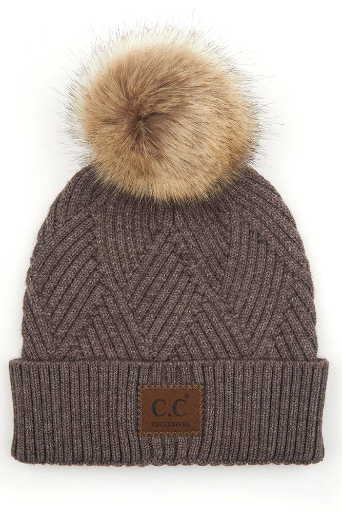 CC Heather Knit Beanie Style Pom Pom Hat, 5 Colors